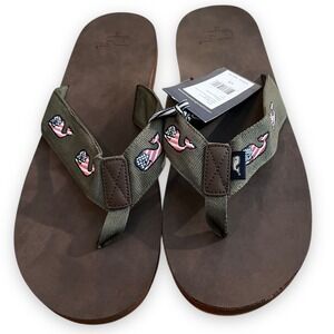 Vineyard Vines Sandals Mens 13 Spanish Moss Flag‎ Whale Leather Flip Flop Logo